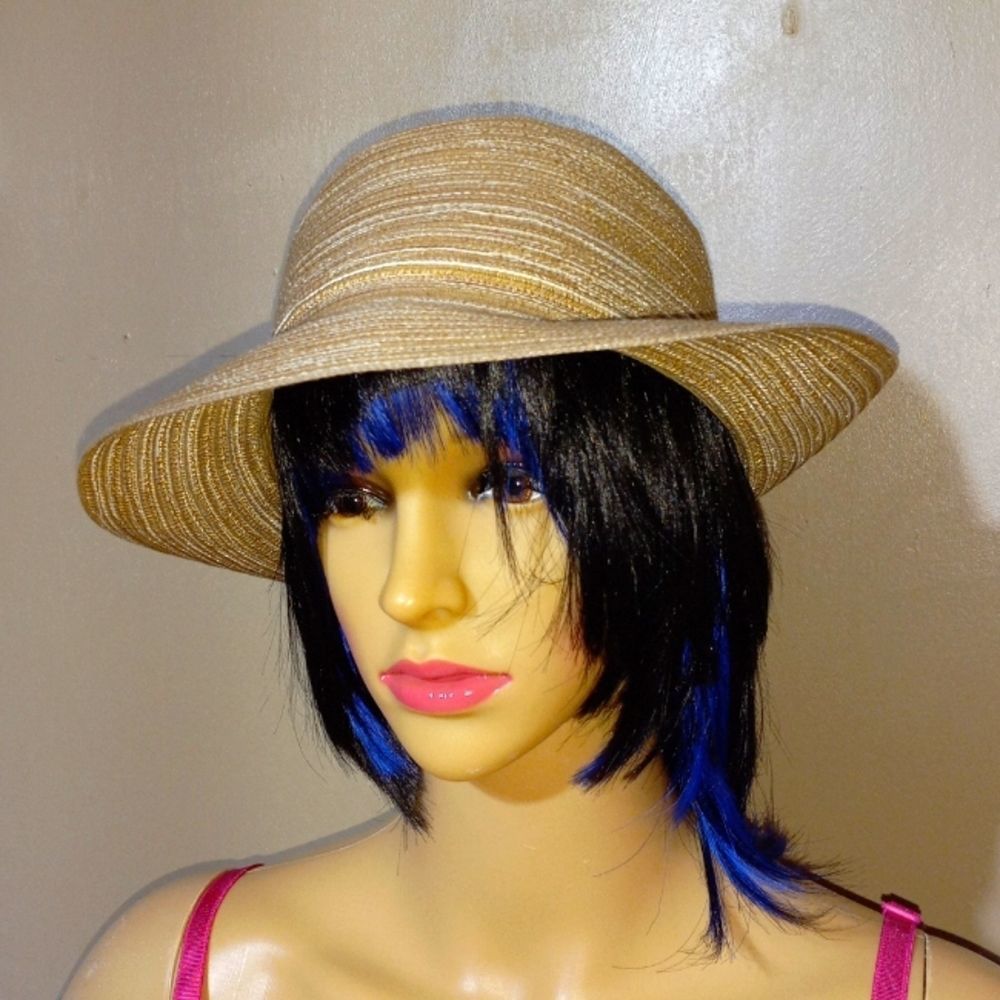 August polyester glistening cream tan hat with beaded tie accents. OS